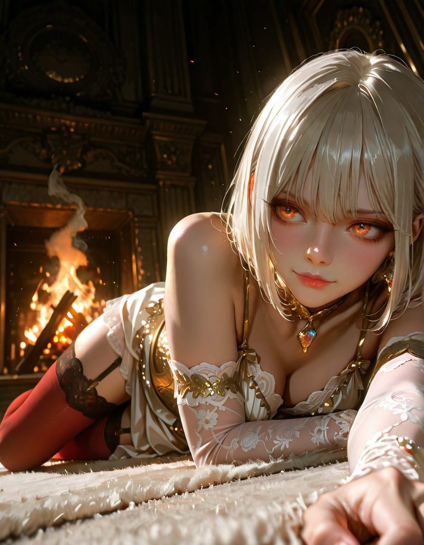 A photorealistic AI portrait of a woman with platinum blonde hair and amber eyes, wearing white lace lingerie and red stockings, lying on a fur rug in front of a fireplace.