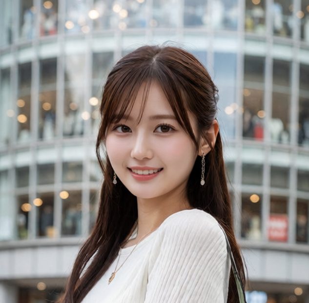 A young East Asian woman with long brown hair and bangs, wearing a white sweater and dangling earrings, smiles gently outdoors with a blurred city building in the background.