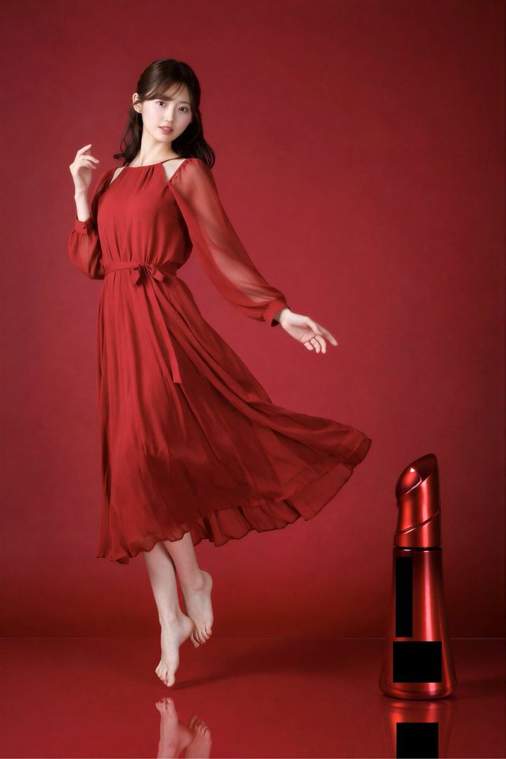 A young woman in a flowing red dress poses gracefully in a studio setting next to a lipstick-shaped product.