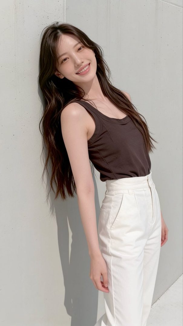 A young woman with long, dark hair smiles gently, leaning against a light-colored wall. She wears a dark tank top and white high-waisted pants.