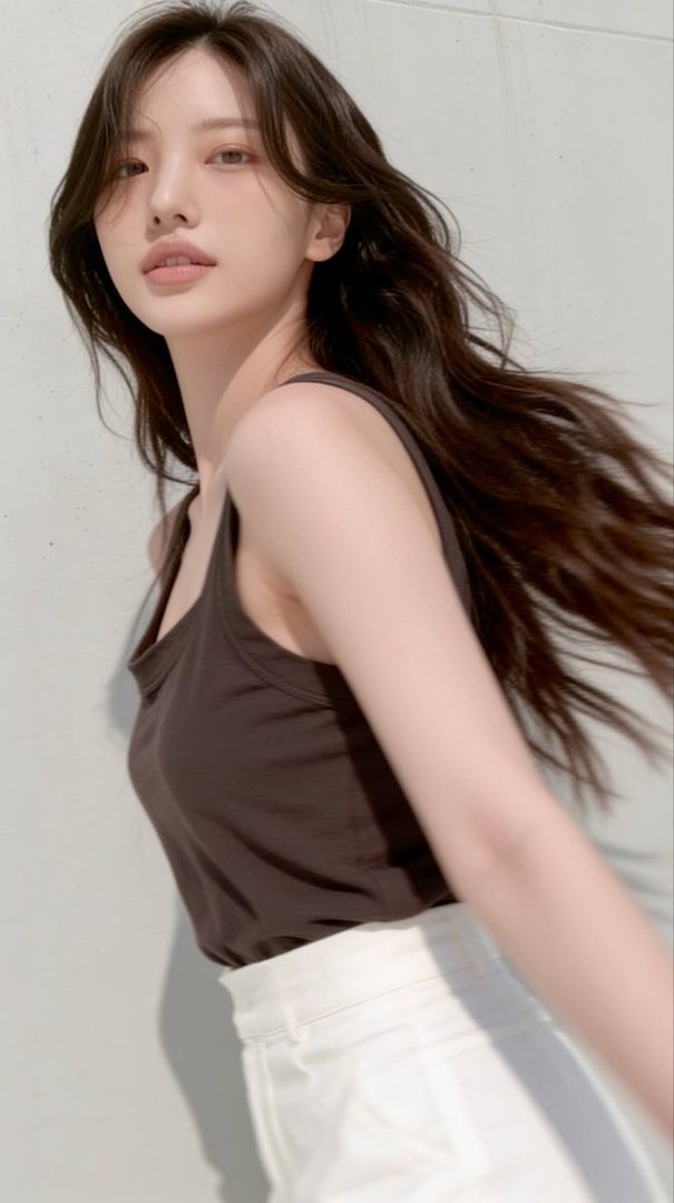 A young woman with long, flowing brown hair and a brown tank top stands against a light-colored wall.