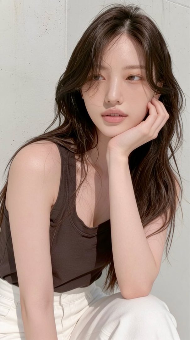 A young woman with long, dark brown hair and a brown tank top poses indoors, resting her chin on her hand.