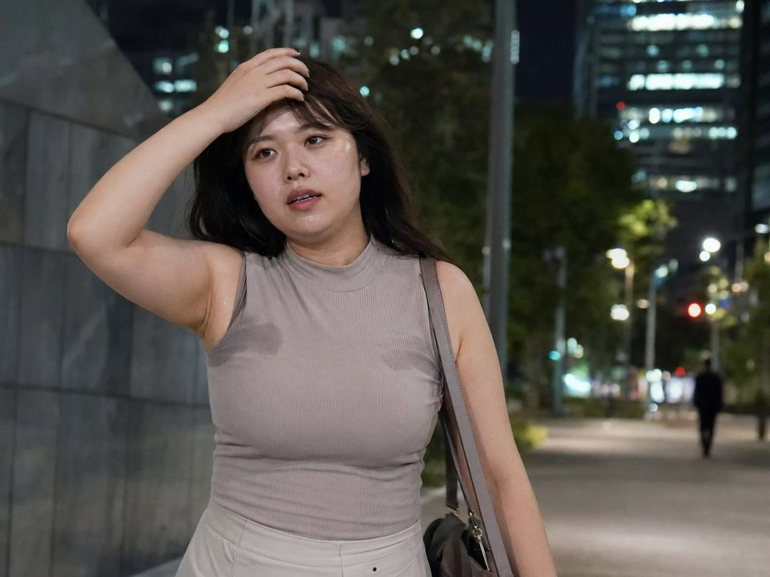 A young woman with long brown hair stands on a city street at night, looking tired and wiping her forehead.