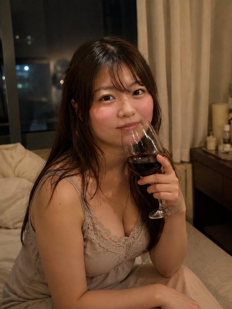 A young East Asian woman with long brown hair, wearing a light-colored slip dress, holds a glass of red wine and looks at the camera with a playful expression. The background is dimly lit, suggesting an indoor evening setting.