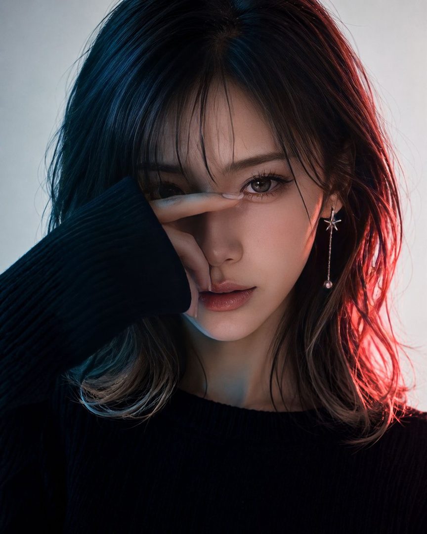 A close-up portrait of a young East Asian woman with dark hair, partially covering her face with her hand, illuminated by dramatic red and blue lighting.