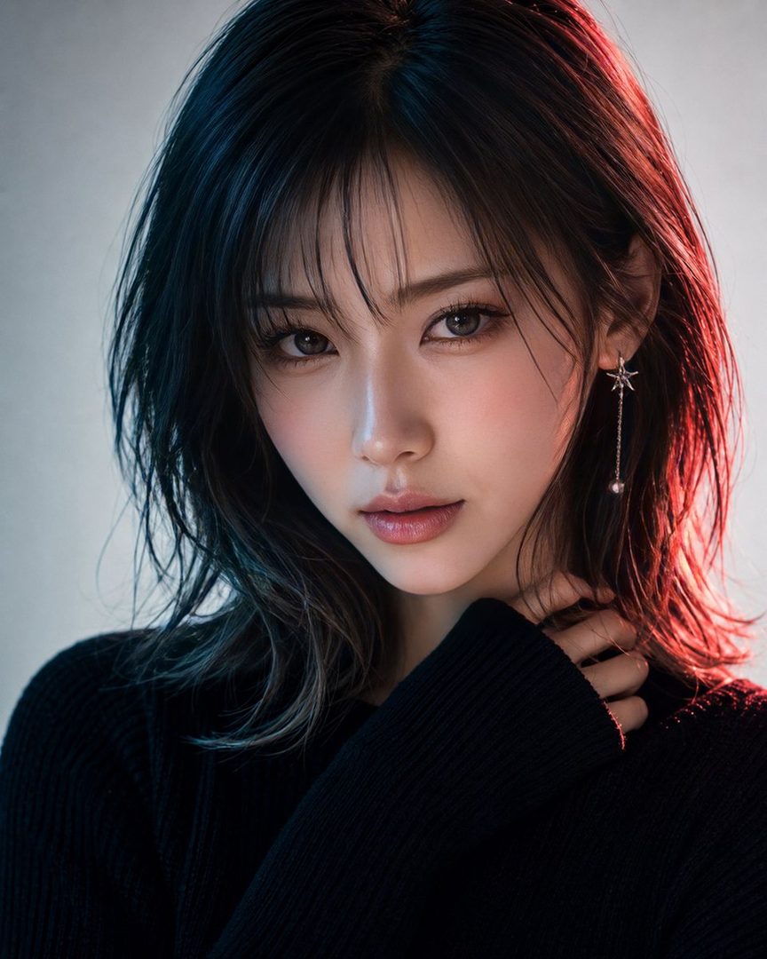 A photorealistic portrait of a young East Asian woman with dark, layered hair, wearing a black sweater and a star-shaped earring. She has subtle makeup and a gentle expression, with dramatic red and blue lighting accentuating her features.