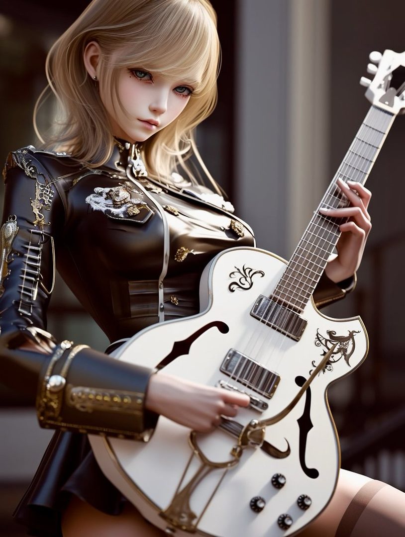 A blonde-haired woman in a stylish black outfit plays a white electric guitar outdoors.
