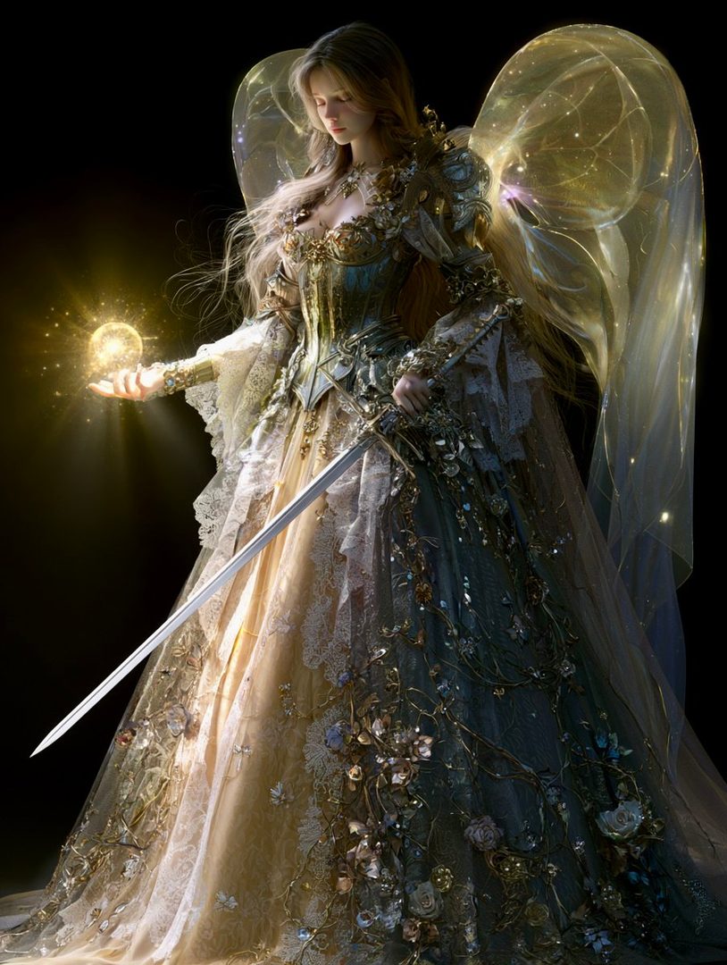 A beautiful woman with long blonde hair, dressed in an ornate golden and green gown, holding a glowing orb and a sword, with ethereal wings.