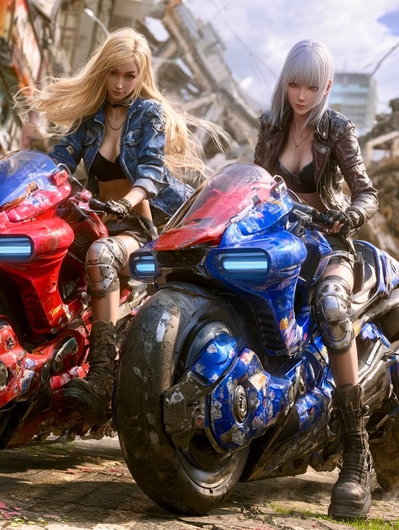 Two young women with blonde and silver hair, dressed in biker jackets and shorts, sitting on futuristic motorcycles in a post-apocalyptic urban setting.