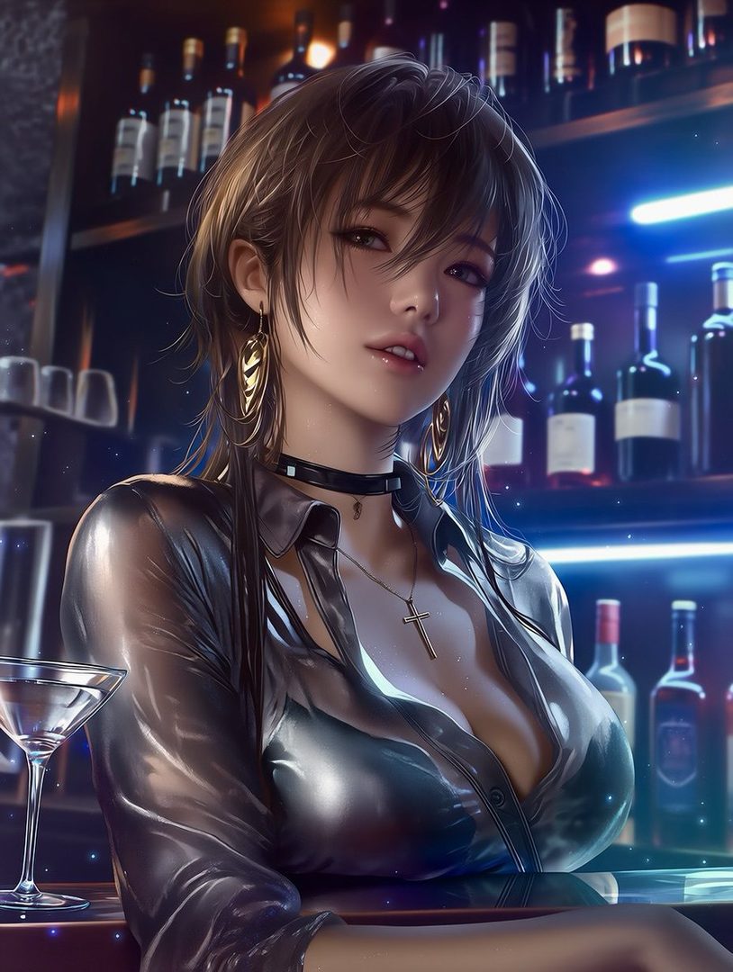A photorealistic AI portrait of a young East Asian woman with short brown hair, wearing a shiny black blouse and a choker, posing at a bar with bottles in the background.