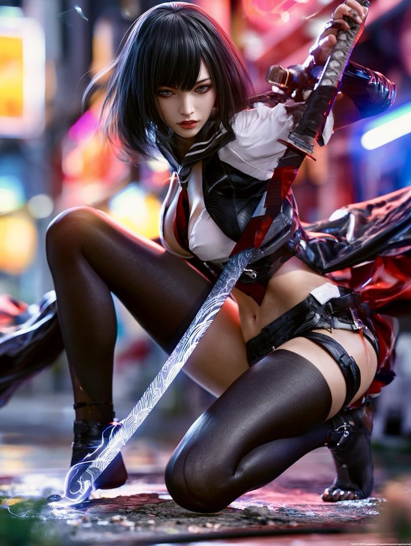 A photorealistic portrait of a young woman with short black hair, wearing a school-like uniform with thigh-high stockings, holding a glowing katana in a neon-lit city at night.