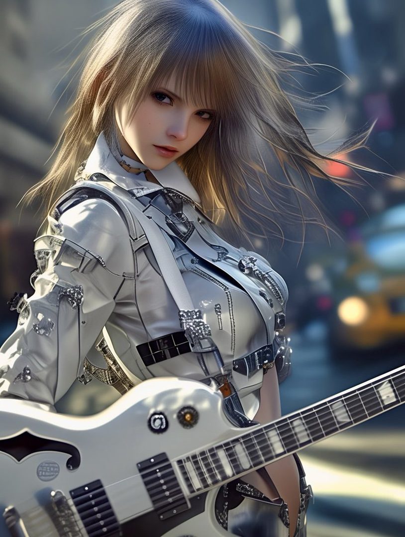 A young woman with long blonde hair and bangs, wearing a white futuristic jacket and holding a white electric guitar, poses on a city street.