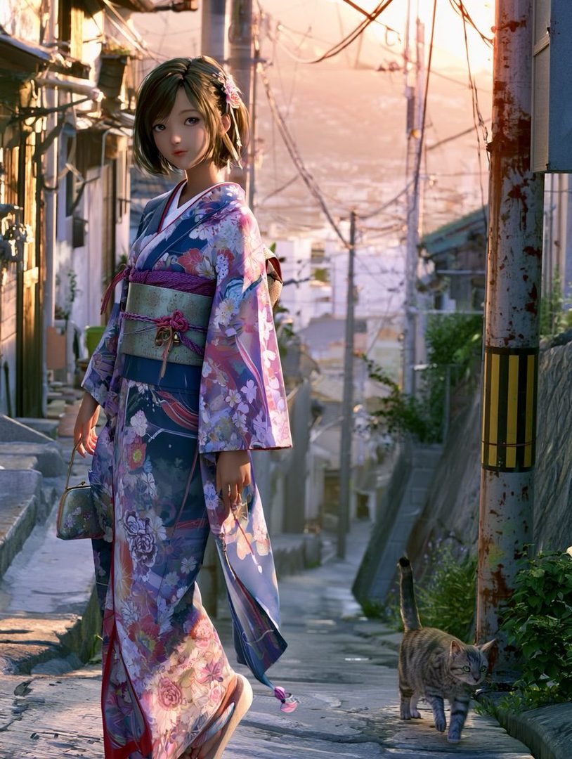 A young woman in a traditional Japanese kimono walks down a narrow street with a cat.