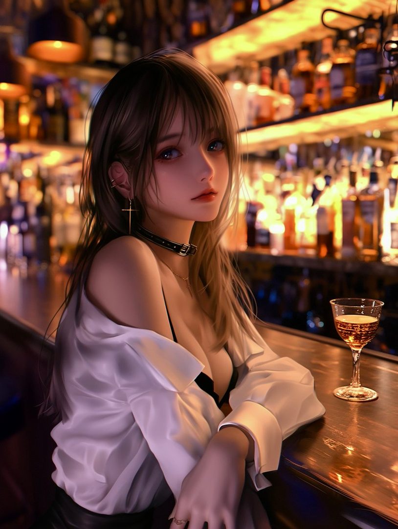 A beautiful AI-generated woman with long brown hair sits at a bar, wearing a white open blouse and a black bra, with a drink in front of her.