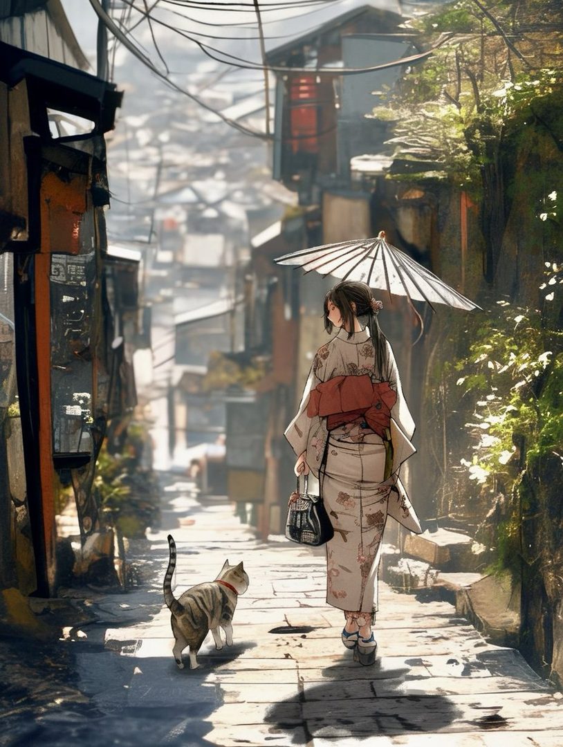 A woman in a traditional Japanese kimono walks down a narrow, old street with a cat following her, holding a parasol.