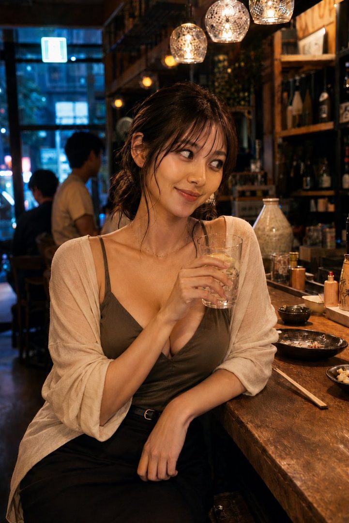 A beautiful East Asian woman with dark brown hair, wearing a dark olive camisole and a sheer ivory cardigan, sits at a wooden bar counter in a cozy izakaya at night, holding a glass of drink.