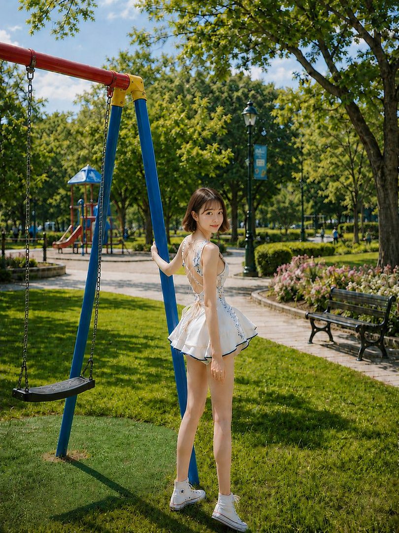 A young woman in a white floral dress and sneakers stands by a swing set in a park on a sunny summer day.