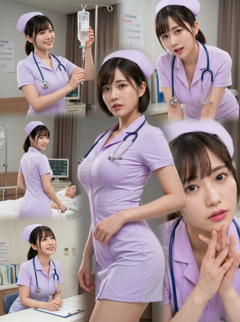 Collage of AI-generated portraits of a young woman in a nurse uniform, posing in various hospital settings.