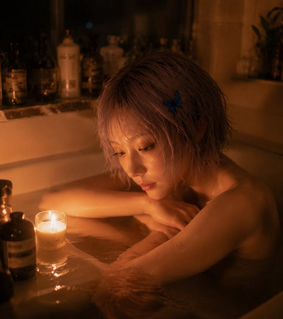 A young woman with short purple hair relaxes in a candlelit bathtub, looking down with a dreamy expression.