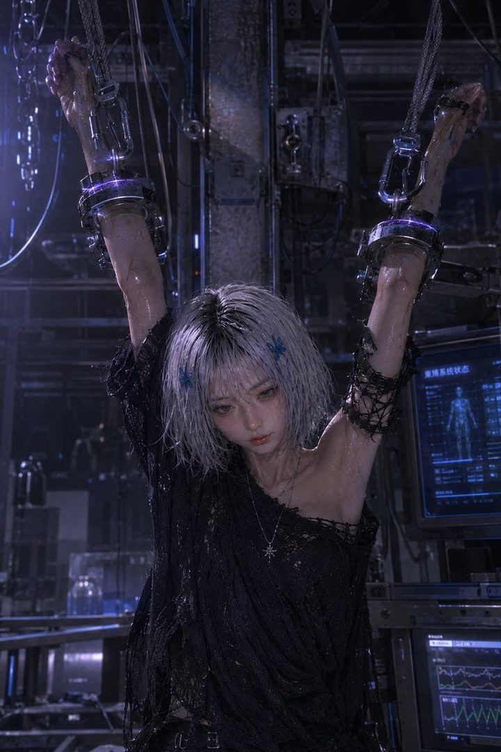 A young woman with short, white hair is depicted in a dark, industrial setting, bound by restraints. She wears a torn black top and a star pendant necklace.
