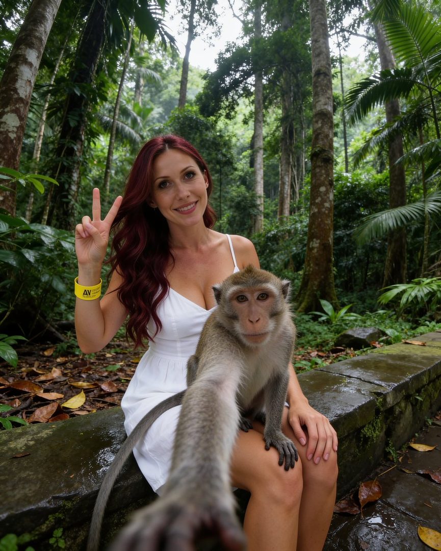 A woman with long red hair smiles and holds up two fingers in a peace sign while sitting next to a monkey in a lush green forest.