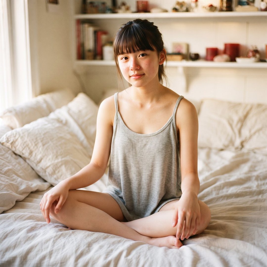 A young East Asian woman with bangs and dark hair tied back, wearing a grey tank top, sits cross-legged on a bed in a sunlit bedroom.