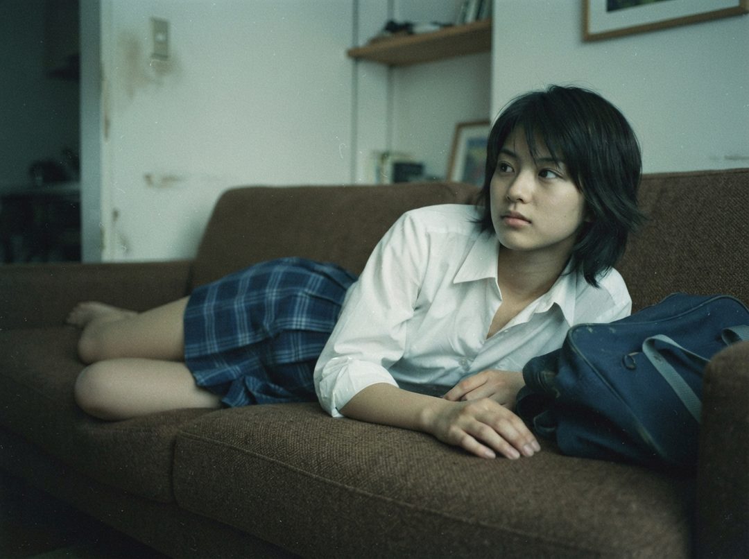 A young East Asian woman in a white shirt and plaid skirt lies on a brown couch, looking to the side.
