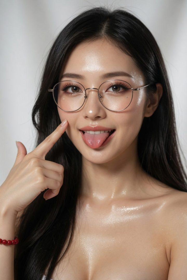 A young East Asian woman with long black hair, wearing glasses, playfully sticks out her tongue and points to her cheek, with a dewy sheen on her skin.