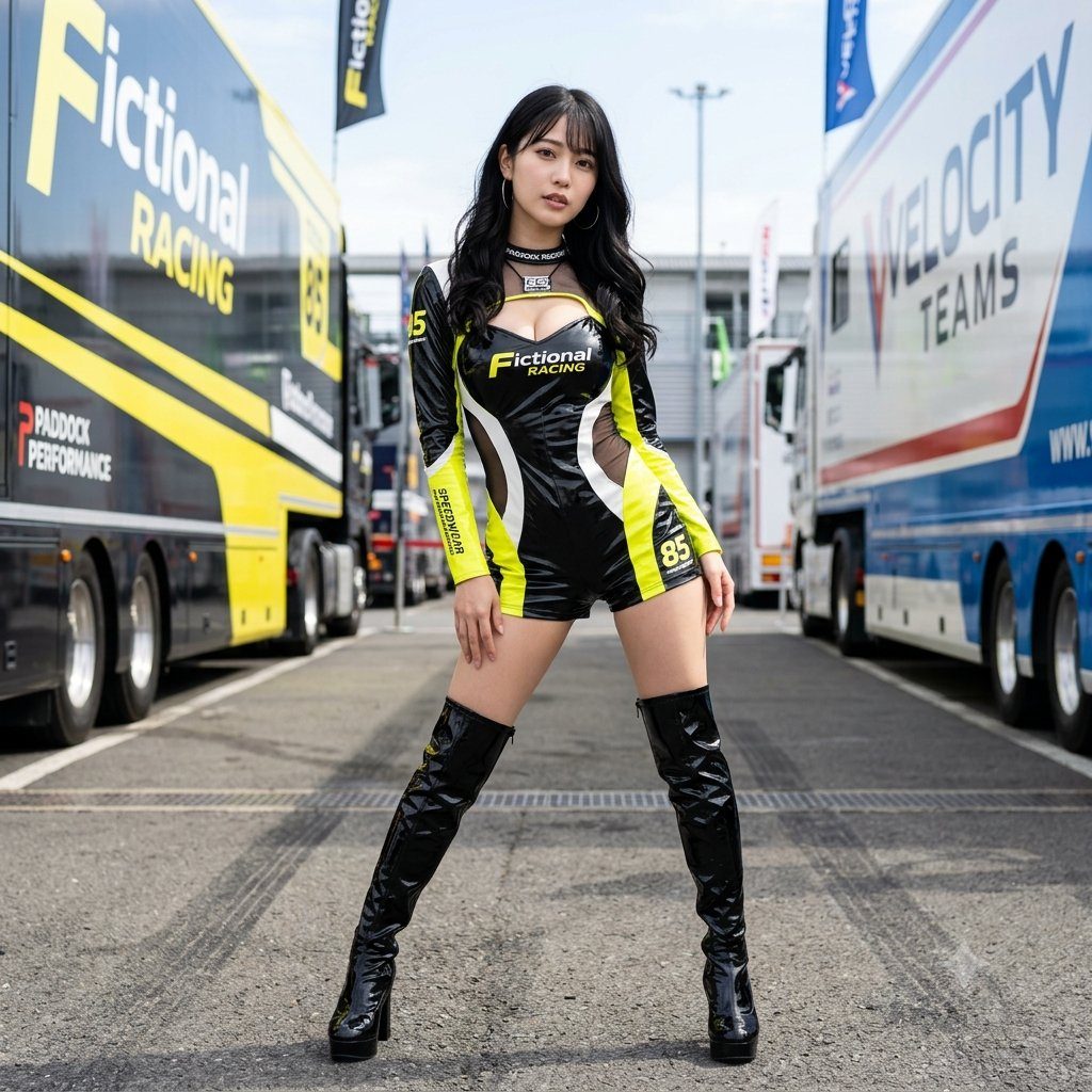A young woman in a black and neon yellow racing outfit and thigh-high boots poses confidently in front of racing trucks.