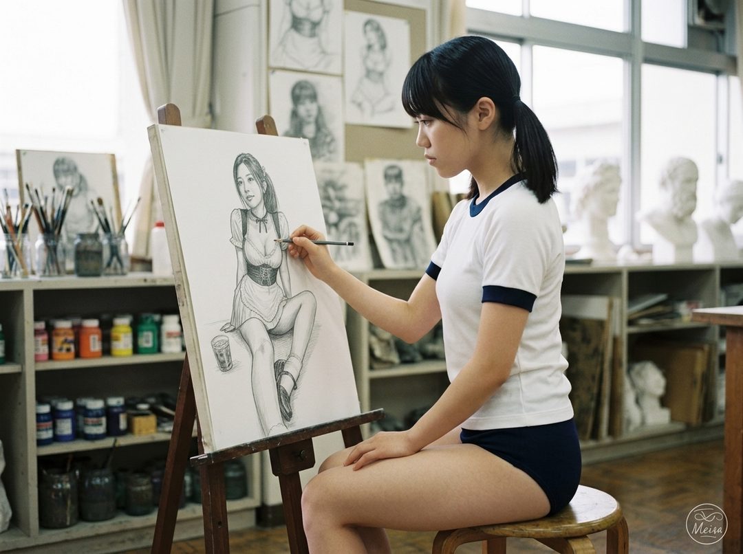 A young woman in a school uniform is drawing a portrait of a woman in a sketchbook in an art studio.