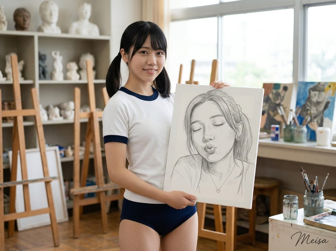 A young Japanese woman in a gym uniform holds up a sketch of herself making a kissing face, in an art studio.