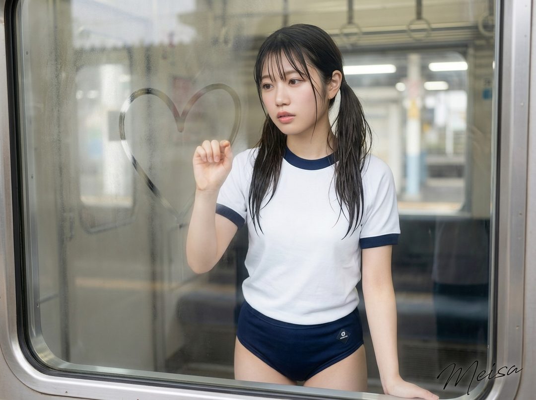A young woman in a white and blue gym uniform draws a heart on a steamy train window.