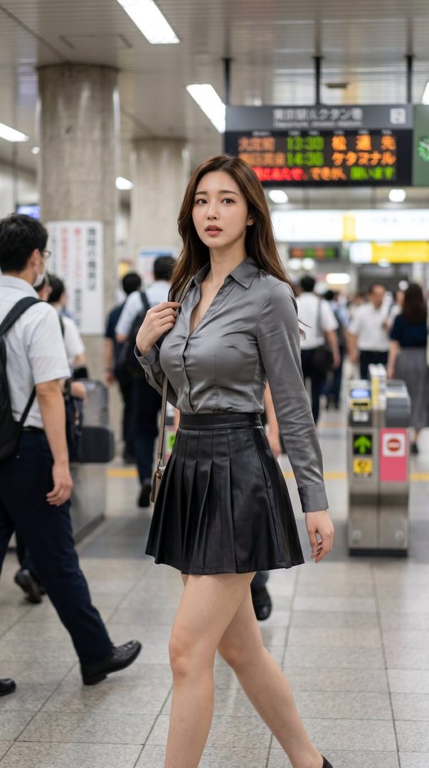 A young woman in a gray satin blouse and a black pleated skirt walks through a busy train station, looking at the camera.