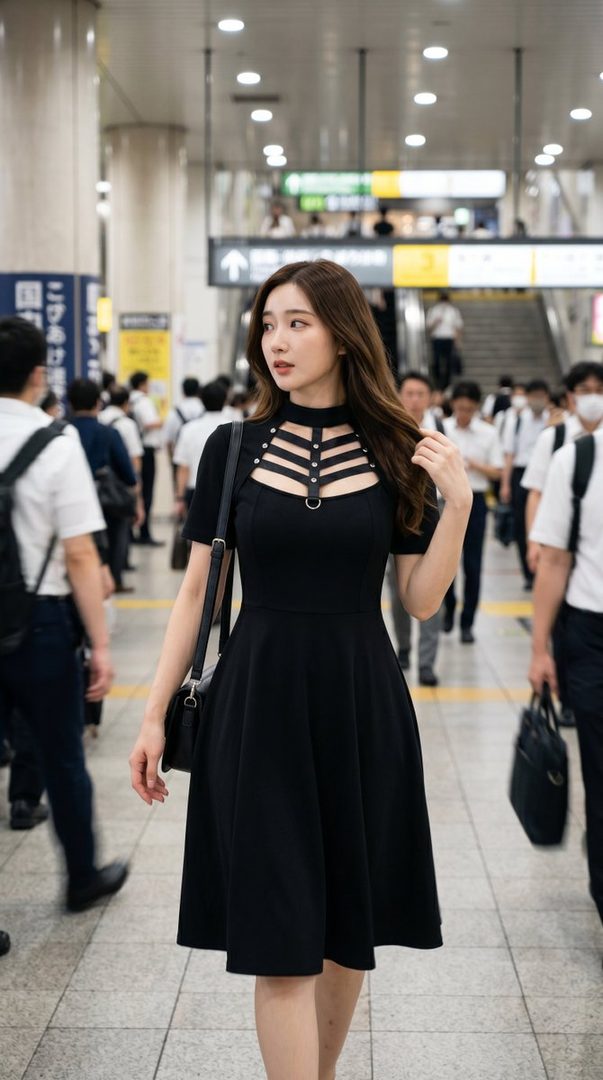 A young woman in a black dress walks through a busy train station, looking thoughtfully to the side.