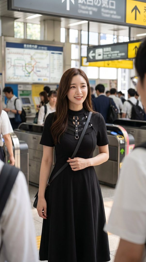 A young East Asian woman with long brown hair, wearing a black dress, stands in a train station, smiling.