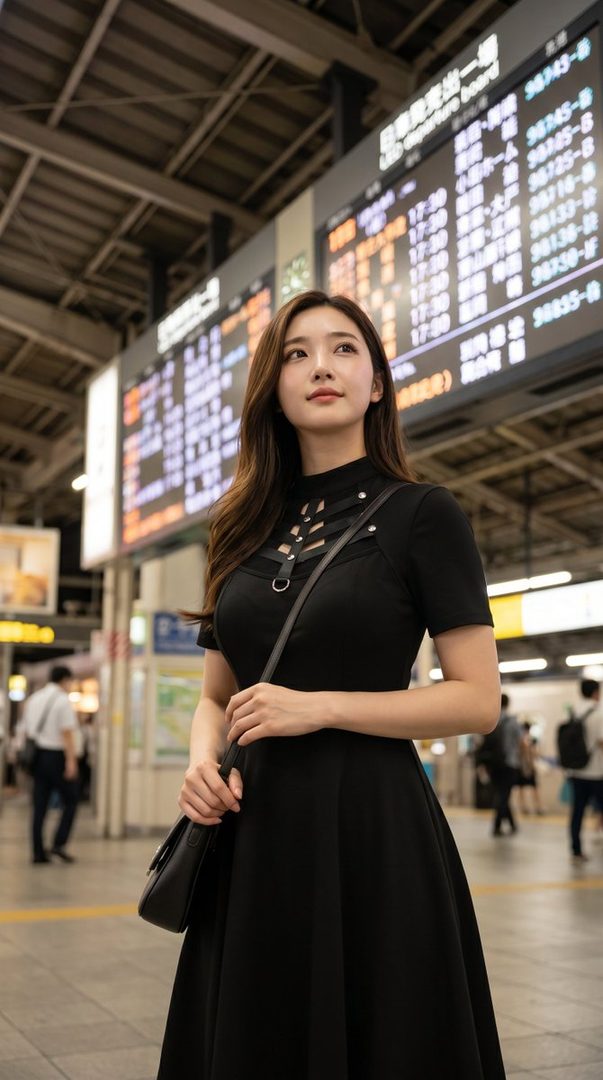 A young woman in a black dress stands in a train station, looking up at the departure board.