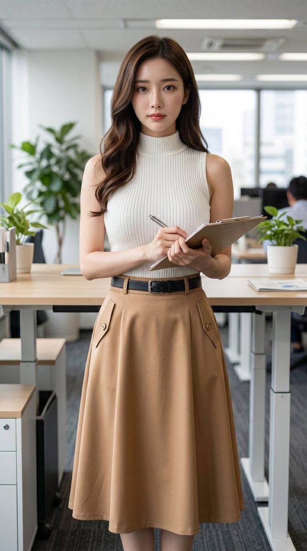 A young East Asian woman in a white sleeveless turtleneck and a tan midi skirt stands in an office, holding a clipboard and pen.