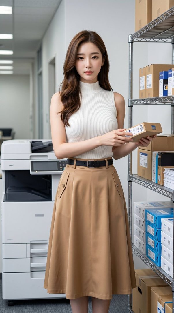 A young East Asian woman in a white sleeveless turtleneck and a tan midi skirt stands in an office setting, holding a small package. She is near a copier and shelves stocked with boxes.