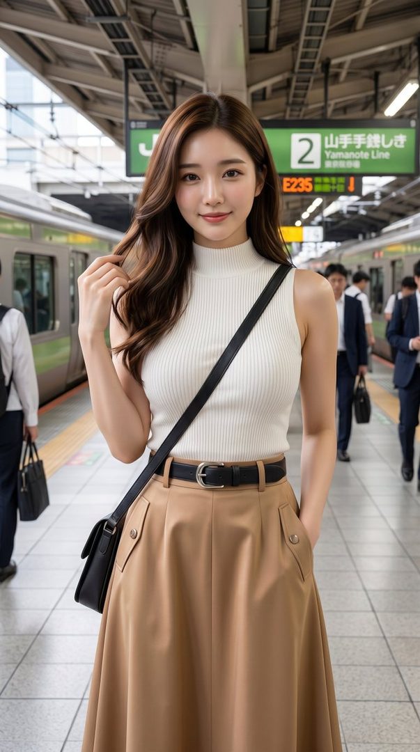 A young woman with long brown hair stands on a train platform, wearing a white sleeveless top and a tan midi skirt, holding her hair.