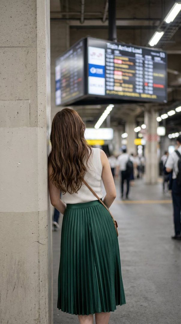 A woman with long brown hair, wearing a white sleeveless top and a green pleated skirt, leans against a pillar in a train station, looking at the departure board.