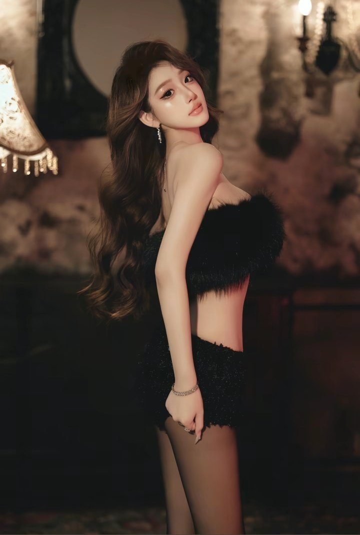 A beautiful East Asian woman with long, wavy brown hair poses elegantly in a black, fluffy, off-the-shoulder outfit indoors.
