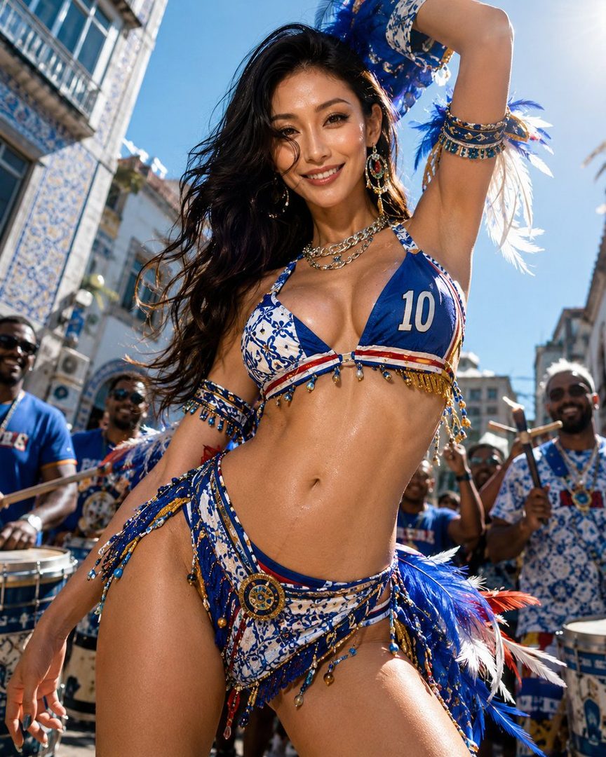 A woman in a blue and white carnival costume with feathers and gold accents smiles confidently, posing outdoors on a sunny day.