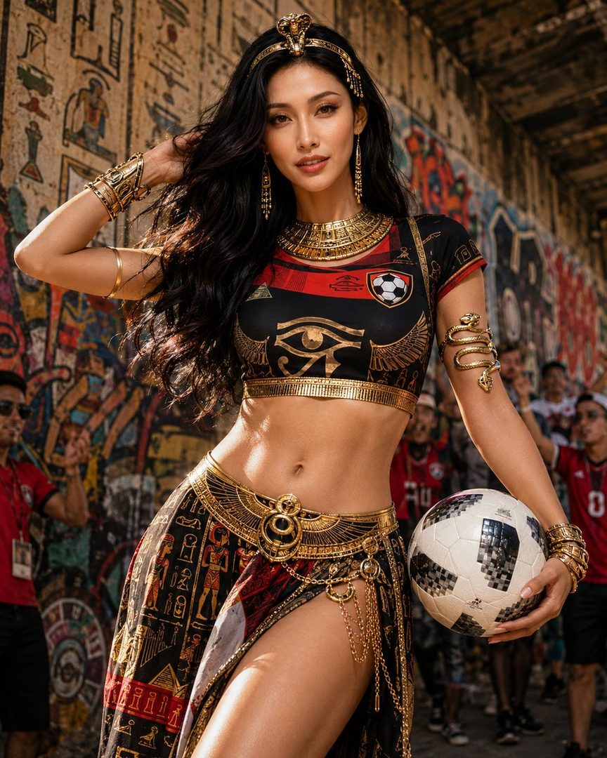 A beautiful woman dressed in an Egyptian-inspired outfit with a soccer jersey, holding a soccer ball, with a crowd in the background.