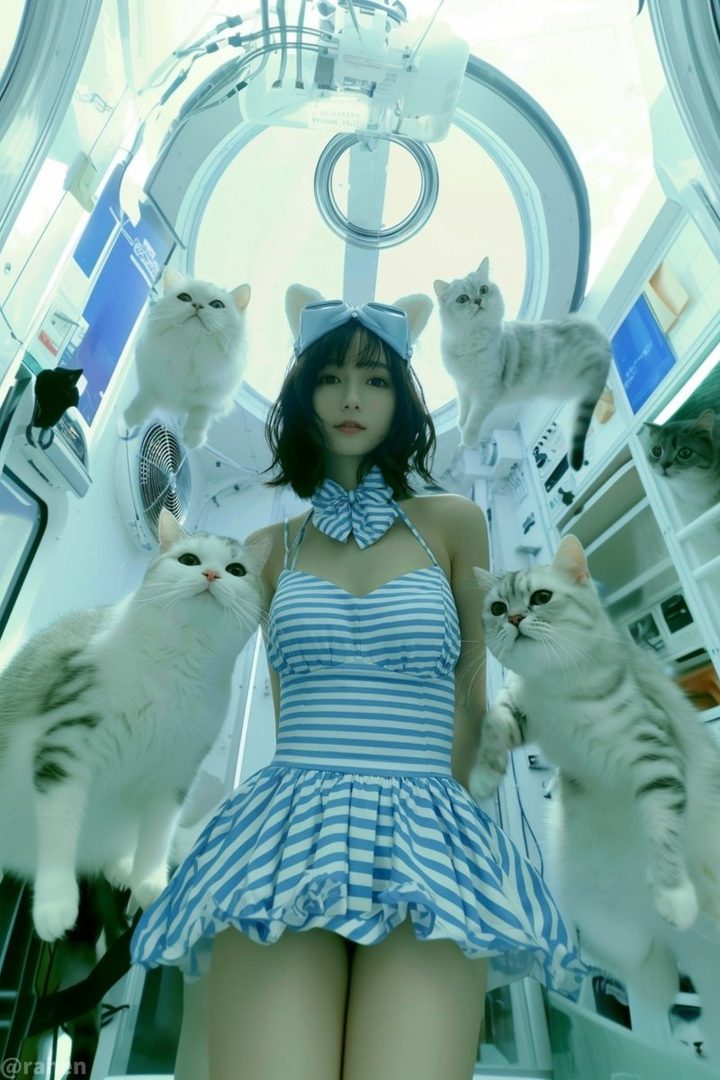 A young woman in a blue and white striped outfit, wearing cat ear accessories, surrounded by several cats in a futuristic indoor setting.