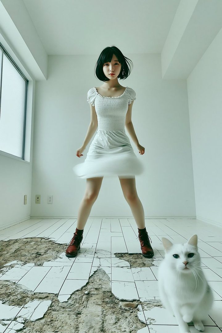 A young woman with short black hair, wearing a white dress and red boots, poses in a room with a white cat.
