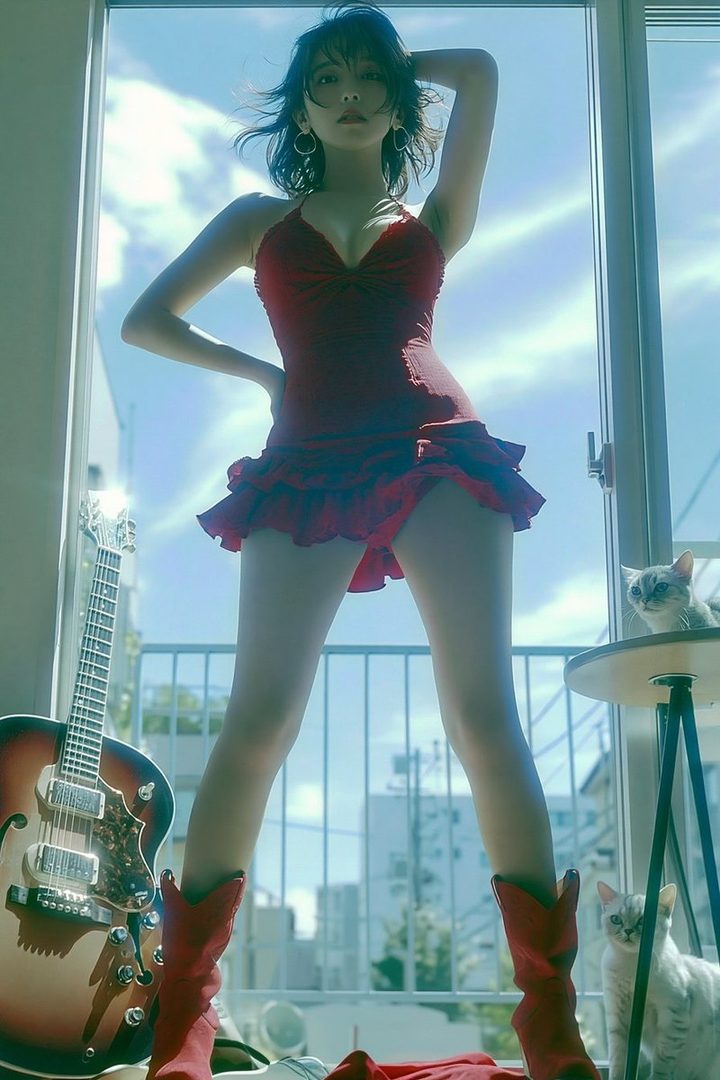 A young woman in a red dress and cowboy boots poses indoors with a guitar and cats.