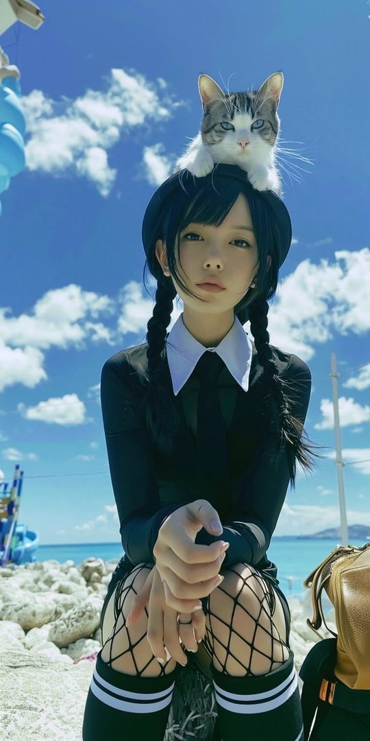 A young woman with black braided hair and a cat on her head poses outdoors on a sunny day, wearing a black top, skirt, and fishnet stockings.