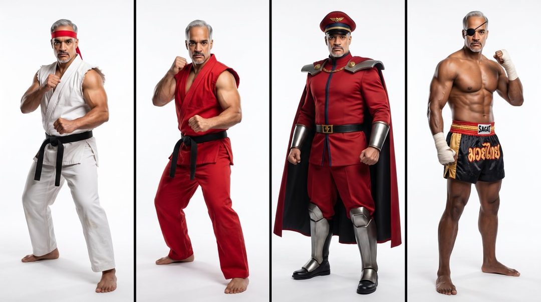 Four male fighters in iconic Street Fighter costumes posing in a studio setting.