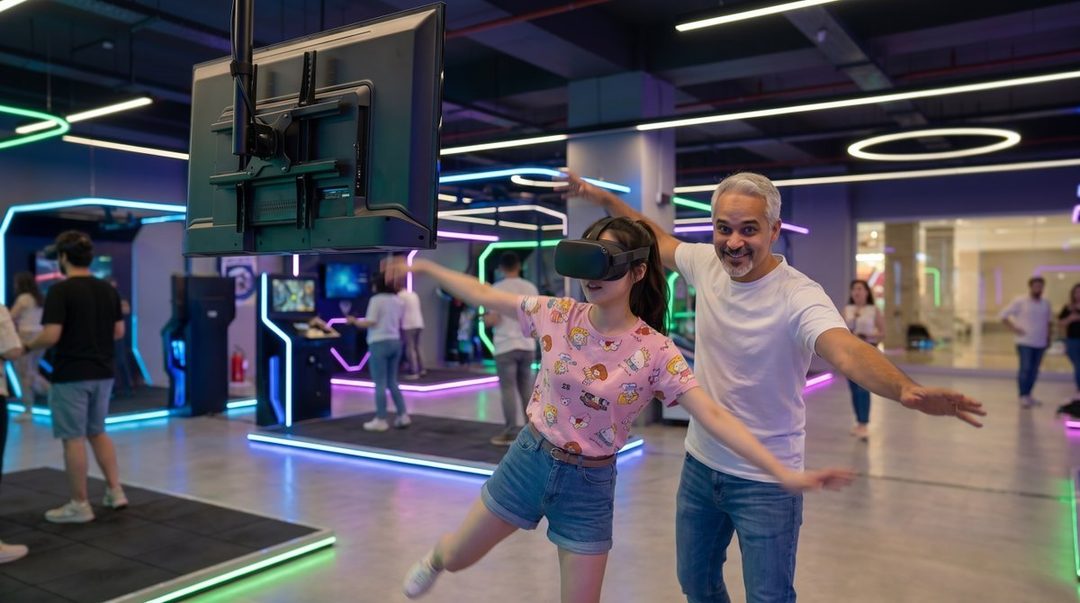 A man and a woman are playing a VR game in a futuristic arcade, with neon lights and screens in the background.