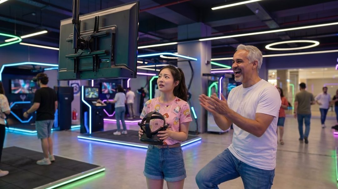 A young woman with a ponytail, wearing a pink t-shirt and denim shorts, looks surprised while holding a VR controller, standing next to a laughing man in a white t-shirt and jeans in a brightly lit VR arcade.